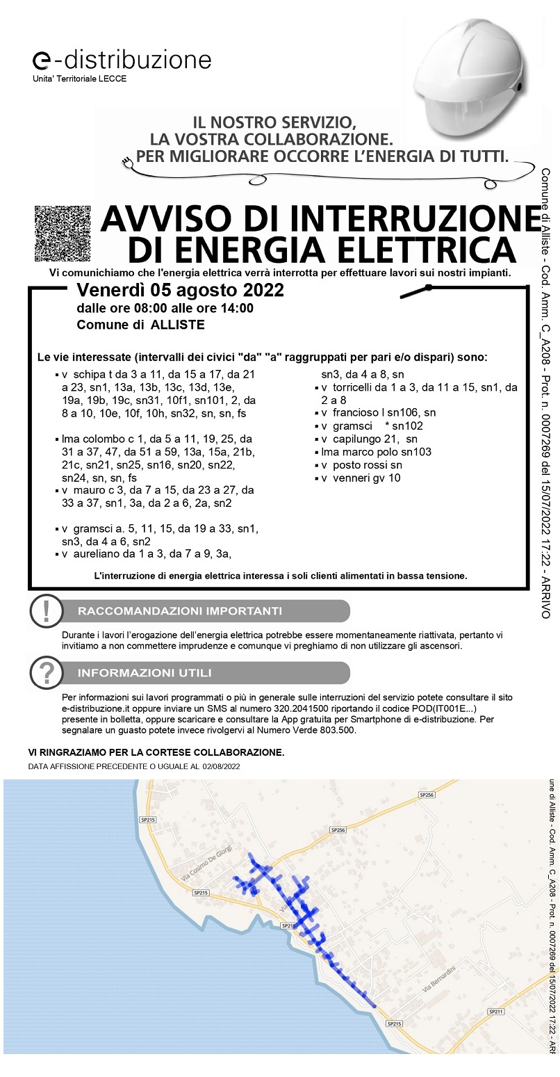 AVVISO DI INTERRUZIONE DI ENERGIA ELETTRICA PER VENERDI' 05 AGOSTO 2022 DALLE ORE 08.00 ALLE ORE 14.00